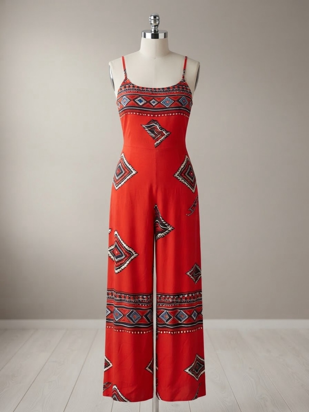 Red Printed Spaghetti-Strap Wide-Leg Jumpsuit